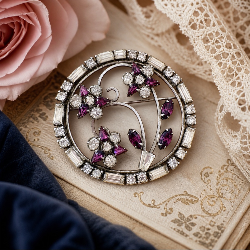 Vintage Sterling Phyllis Rhinestone Floral Circle Brooch Pink Purple Mid Century